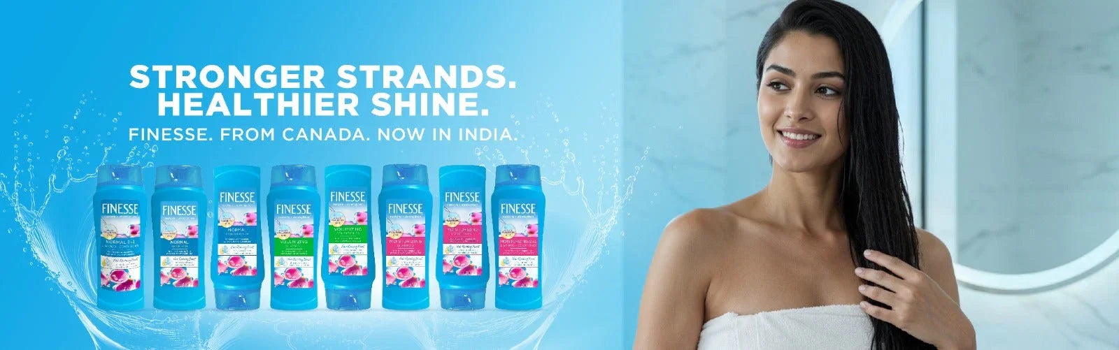 Finesse shampoo bottles with woman touching shiny hair, promoting stronger strands & healthier shine