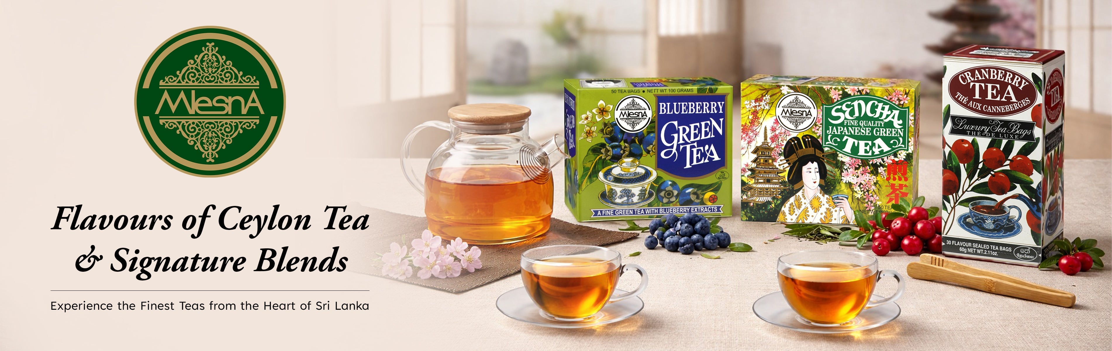 Mlesna Ceylon tea blends with blueberry, sencha & cranberry flavors, served in glass teapot and cups