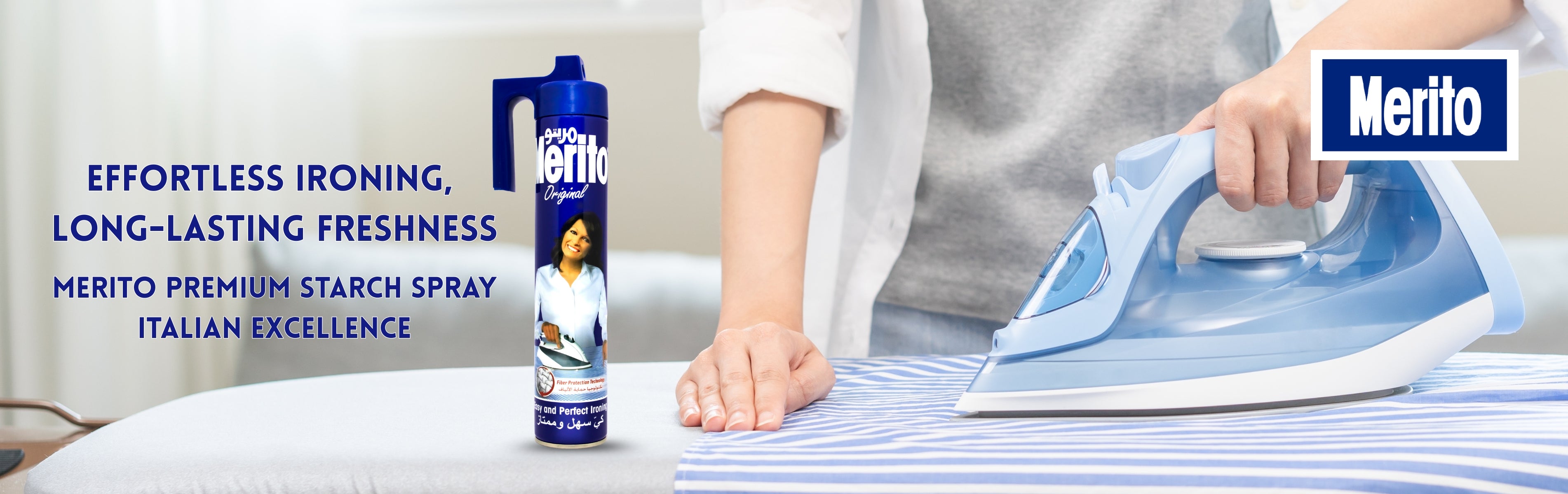 Merito Premium Starch Spray for effortless ironing, shown with steam iron on striped fabric