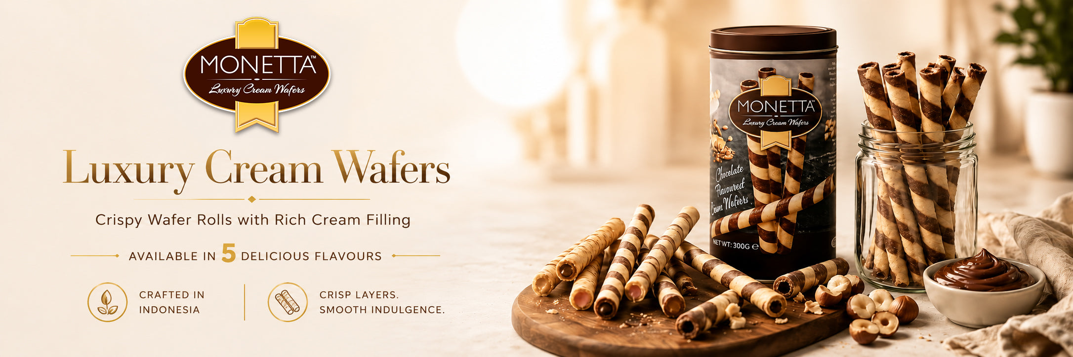 Monetta Luxury Cream Wafers in chocolate & vanilla flavors, premium imported gourmet snacks