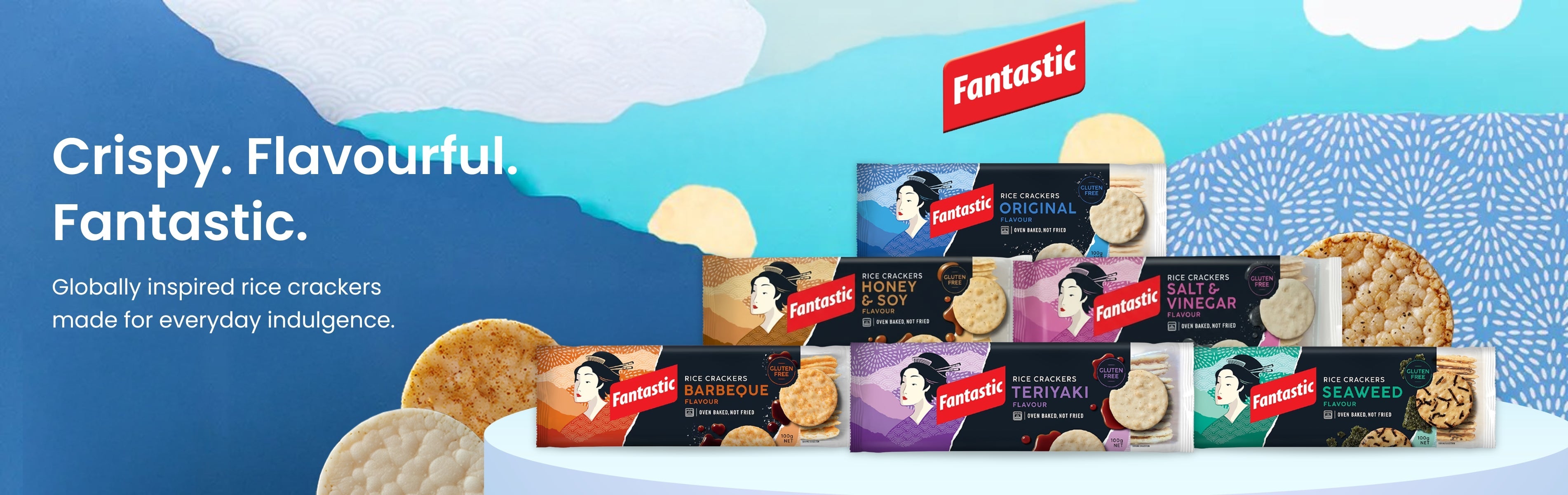 Fantastic gluten-free rice crackers in assorted global flavors like seaweed, teriyaki, and barbeque