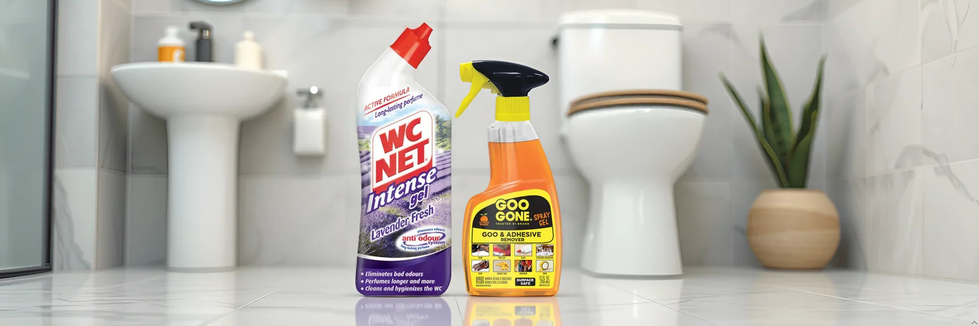 Bathroom and toilet cleaning products on tile floor, sink and toilet in background