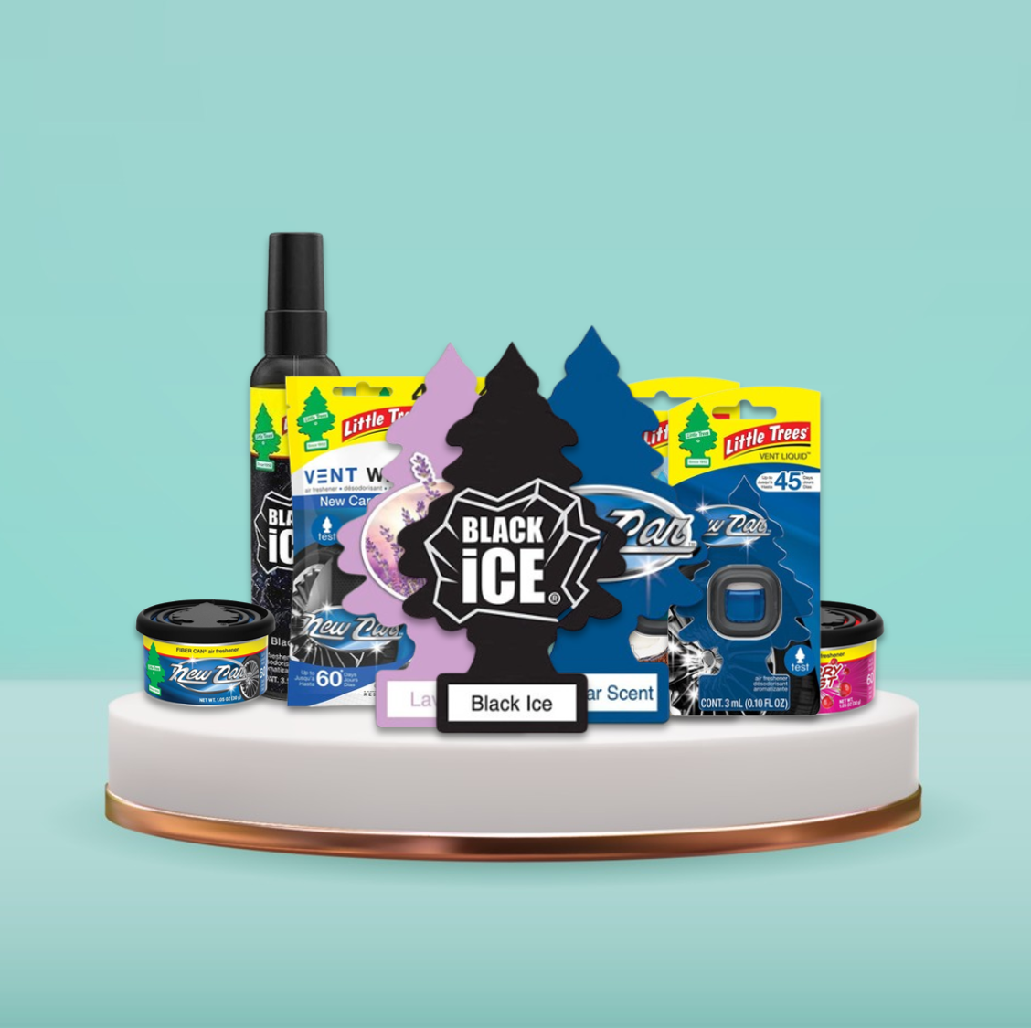 Assorted car air fresheners including Little Trees, spray, and vent clips on a display stand