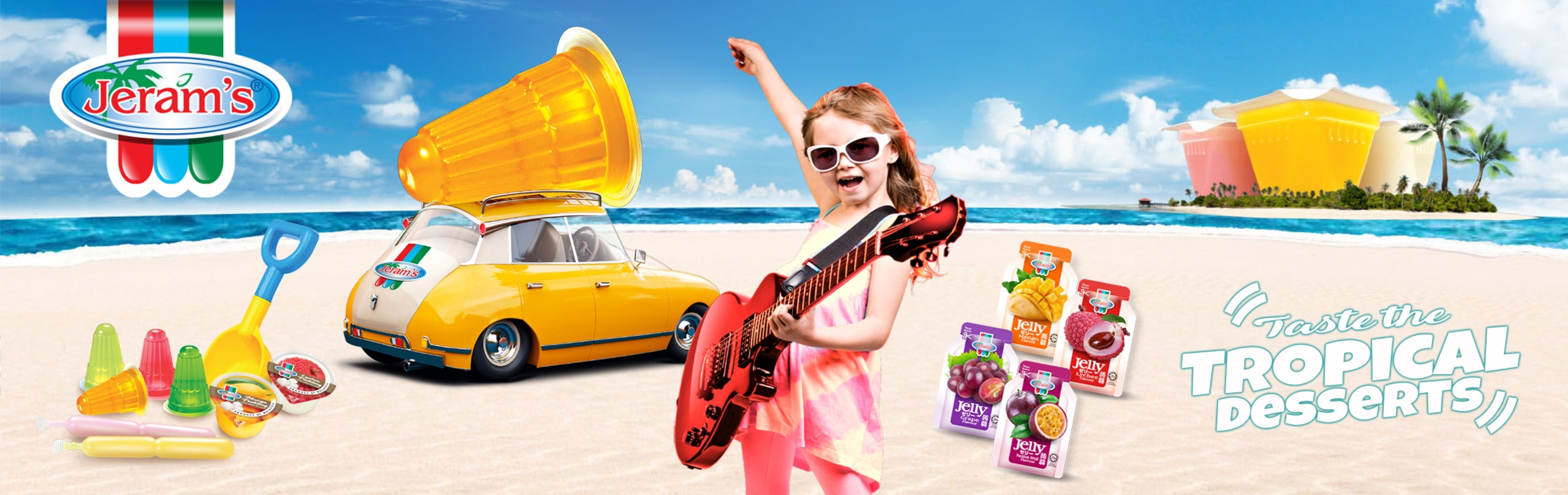 Jeram's tropical jelly desserts on beach with girl playing guitar, vintage car, and colorful cups