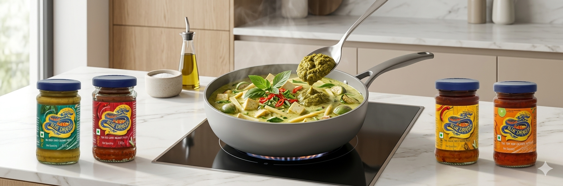 Blue Dragon curry pastes with steaming green curry in pan, gourmet Thai cooking ingredients on marble kitchen counter
