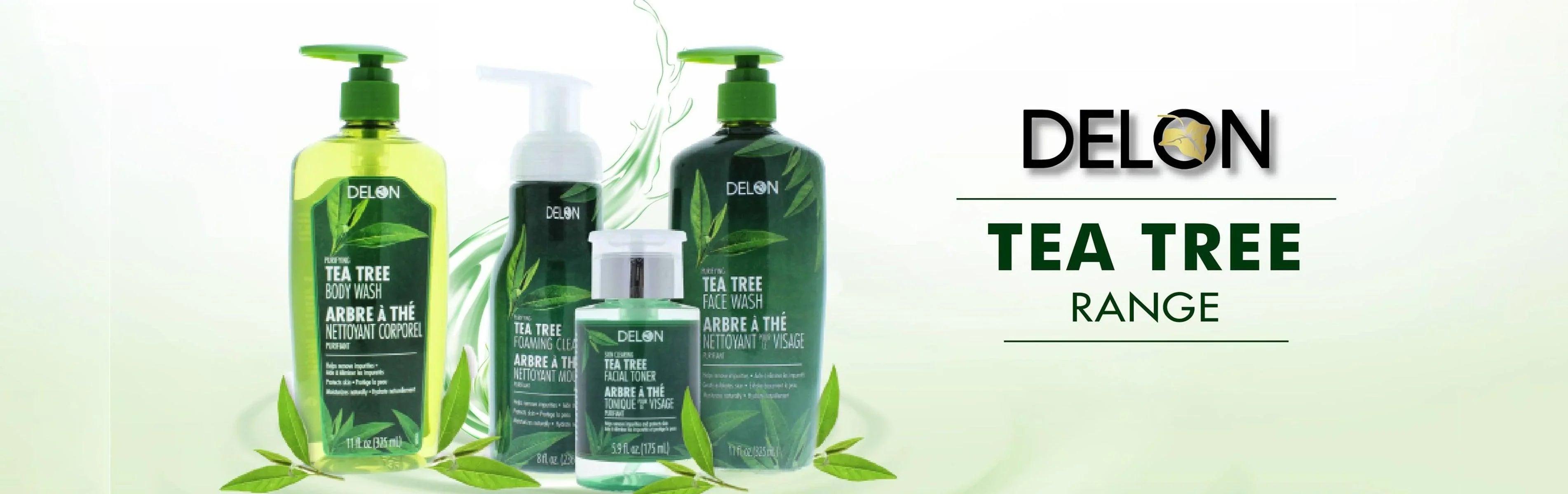 Delon tea tree skincare range including body wash, foaming cleanser, face wash, and toner.