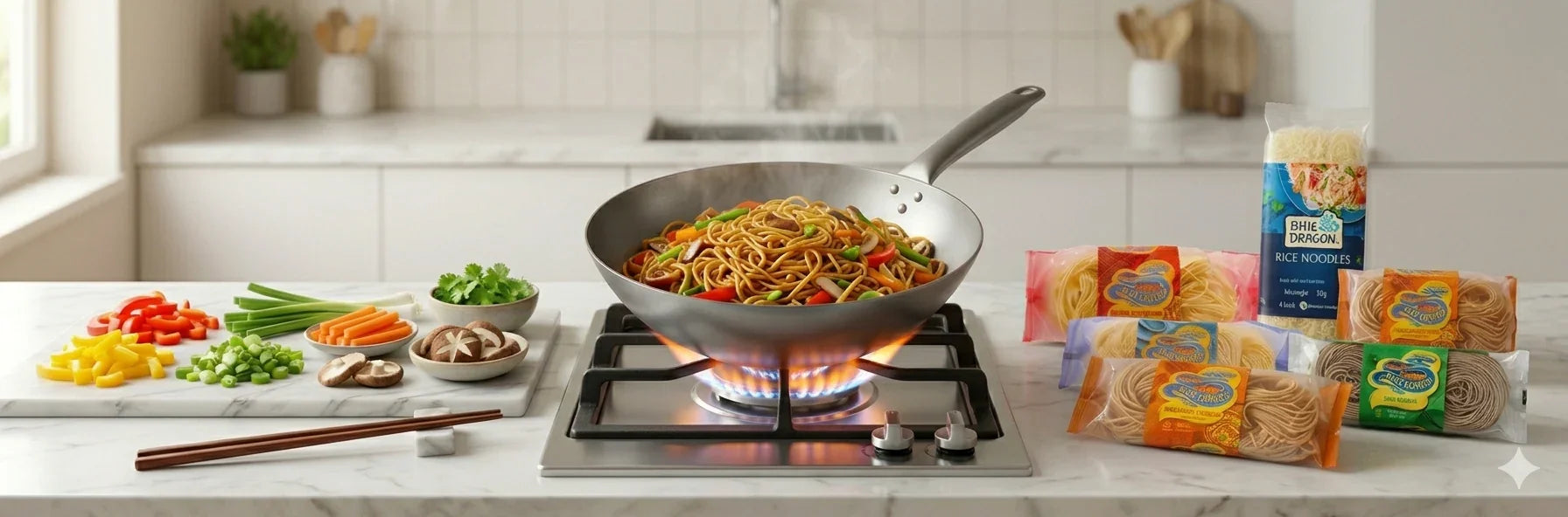 Stir-fried noodles with vegetables in wok, surrounded by rice noodles & fresh ingredients on kitchen counter