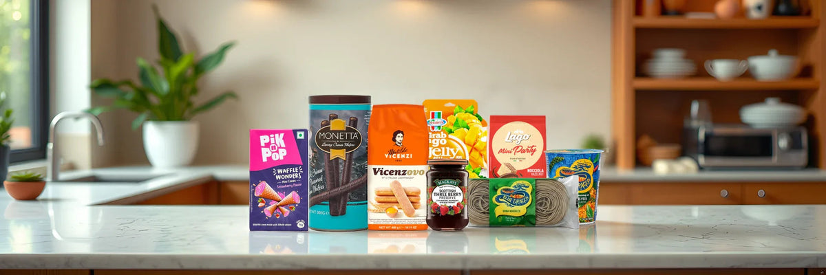 Assorted gourmet food and confectionery products on a kitchen counter, including wafers, fruit jelly, jam, and noodles.