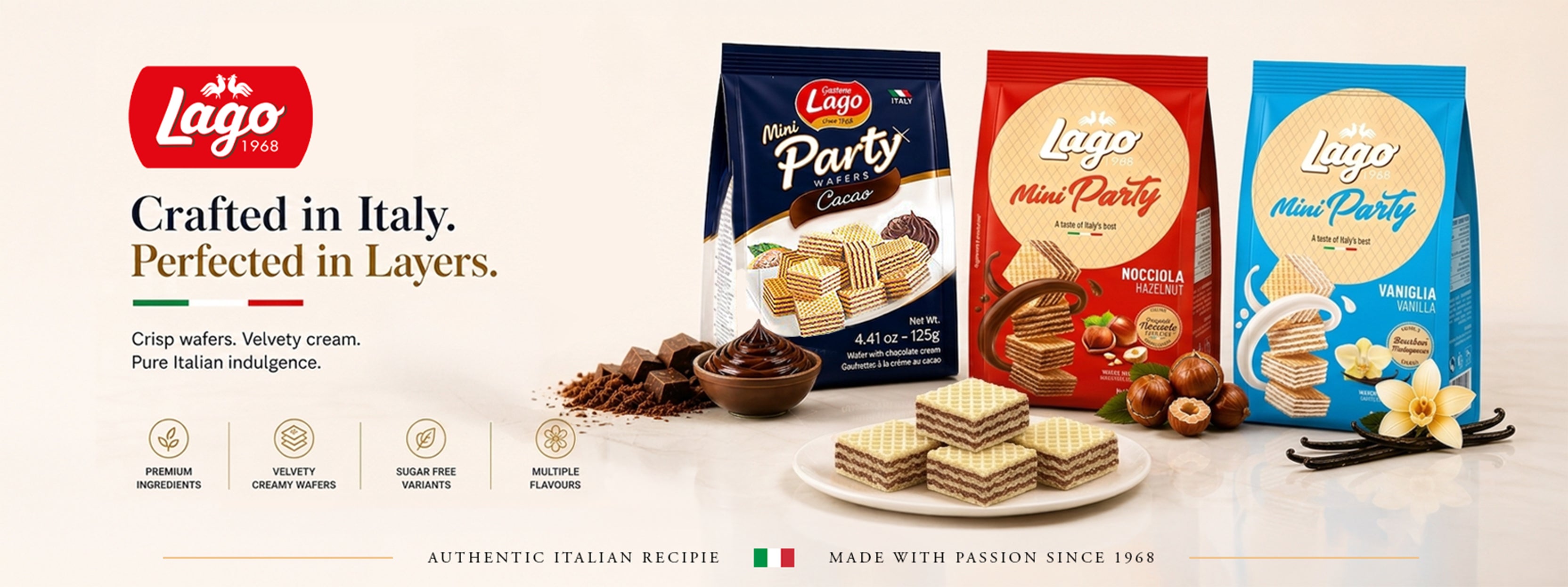 Lago Mini Party Italian wafer cookies in cacao, hazelnut & vanilla flavors, crafted with premium ingredients
