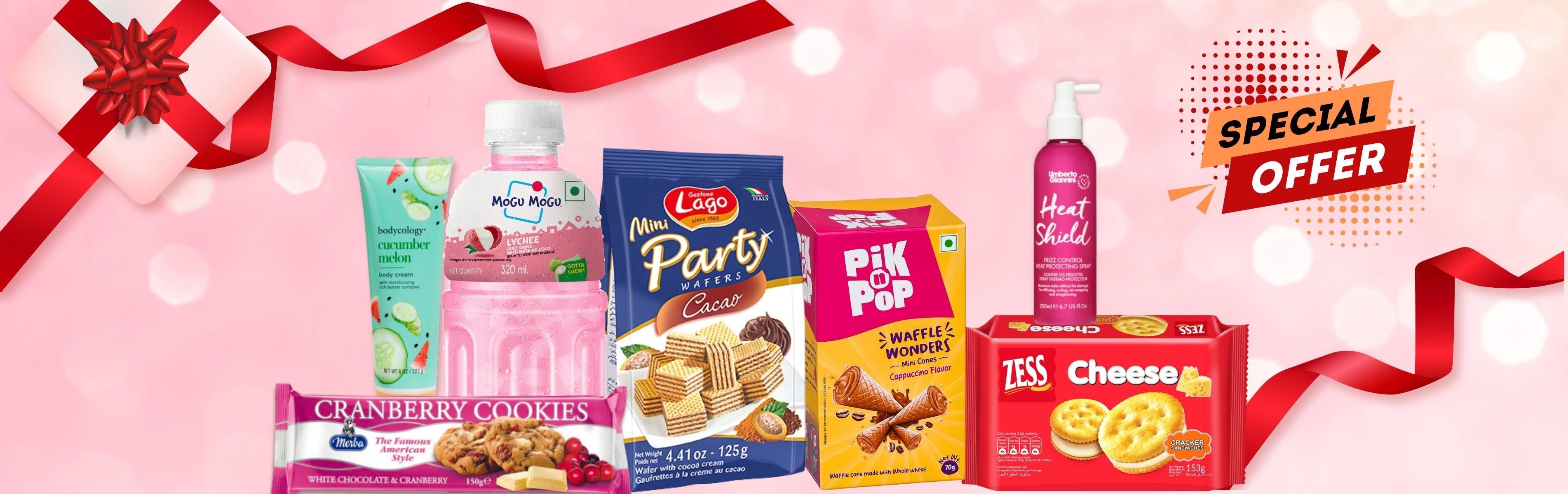Special offer on imported snacks, drinks & beauty products with gift box and red ribbon