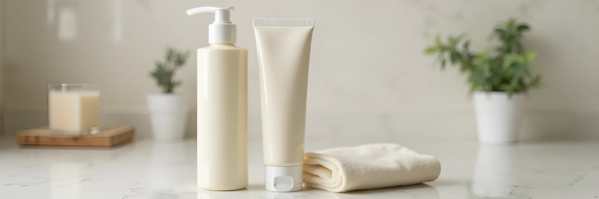 Hand cream and lotion bottles with towel on bathroom counter, skincare products scene