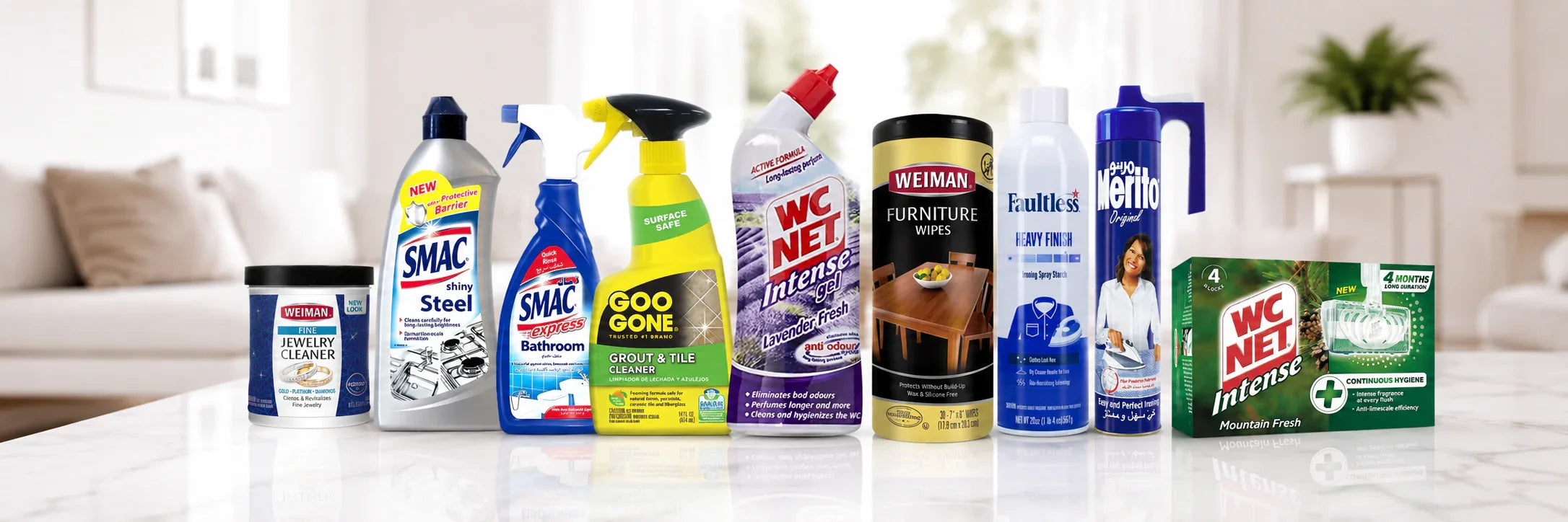 Assorted imported cleaning products including SMAC, Goo Gone, WC Net, and Weiman for home care and hygiene