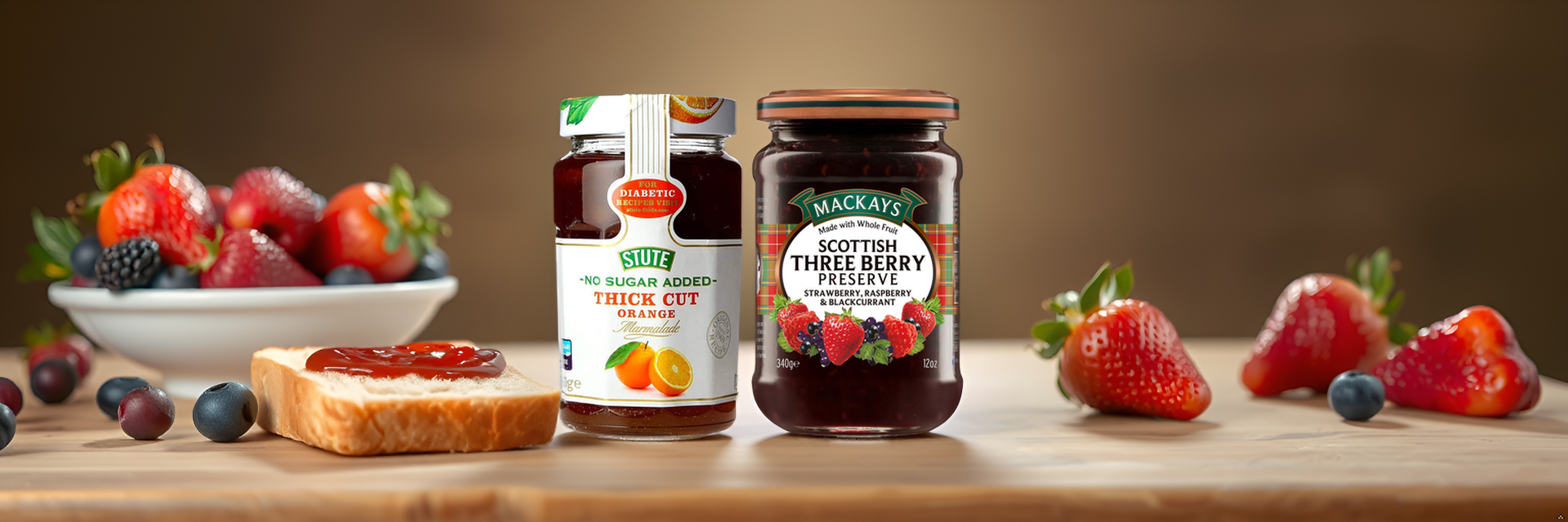 Stute no sugar added orange marmalade and Mackays Scottish three berry preserve with fresh berries and toast