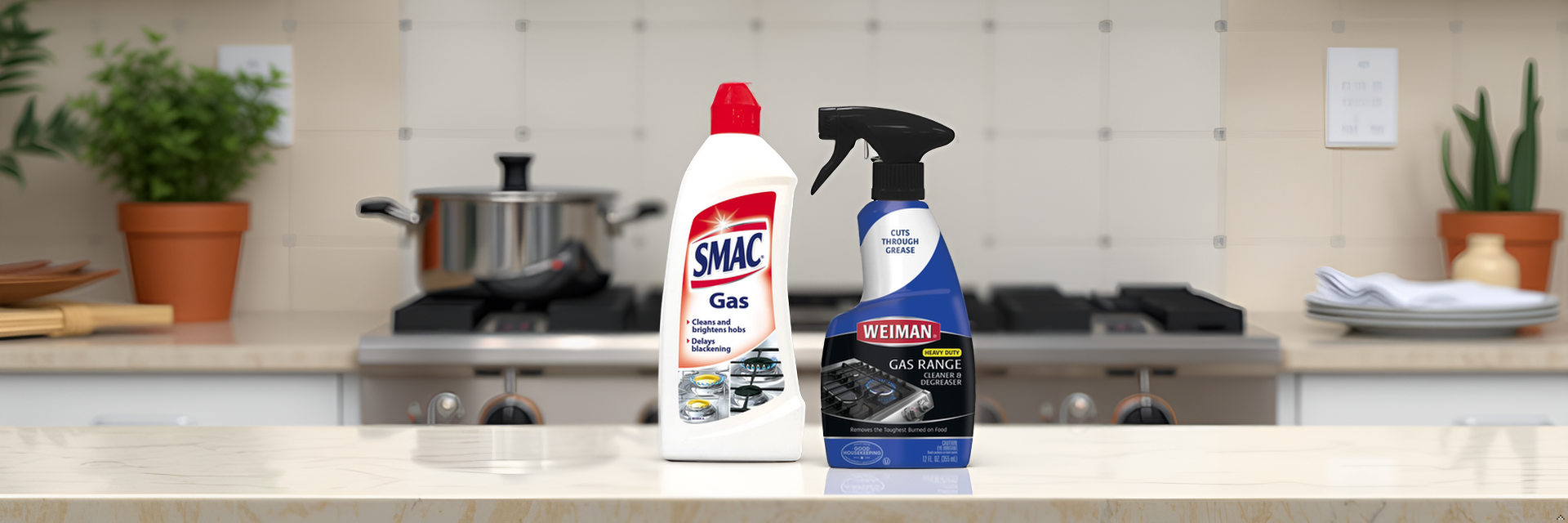 SMAC Gas & Weiman Gas Range Cleaner on kitchen counter for stove cleaning and degreasing