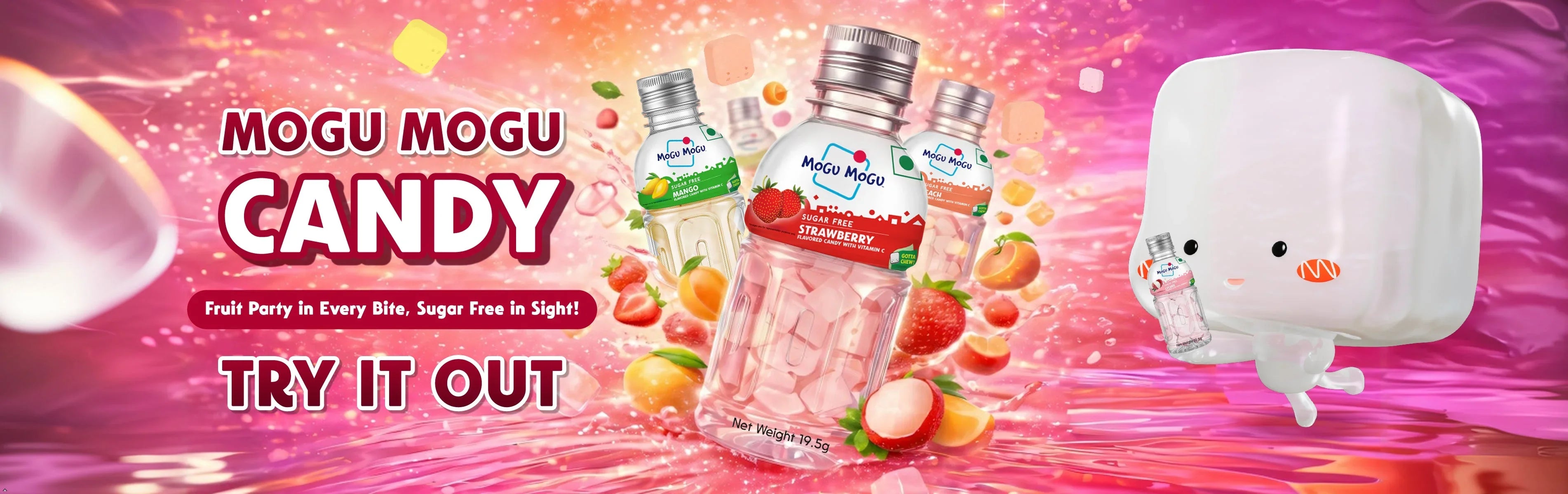 Mogu Mogu Sugar Free Candy bottles with strawberry, mango flavors, fun mascot, vibrant pink background