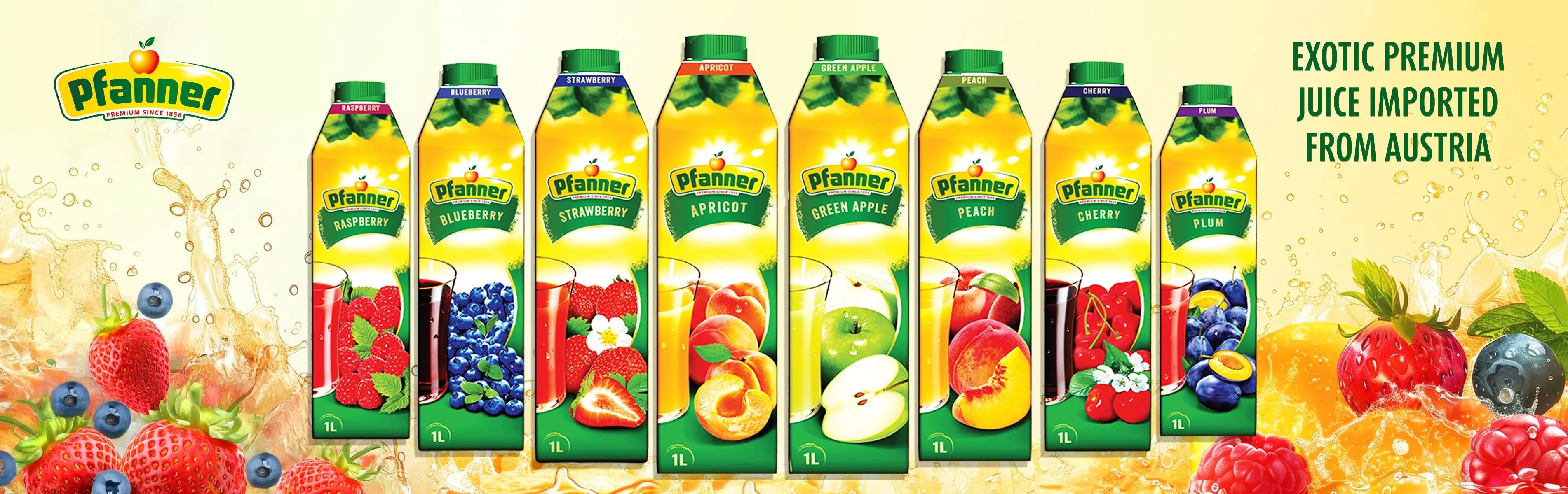 Pfanner premium fruit juices imported from Austria, featuring raspberry, blueberry, strawberry, apricot, green apple, peach, cherry, and plum flavors.