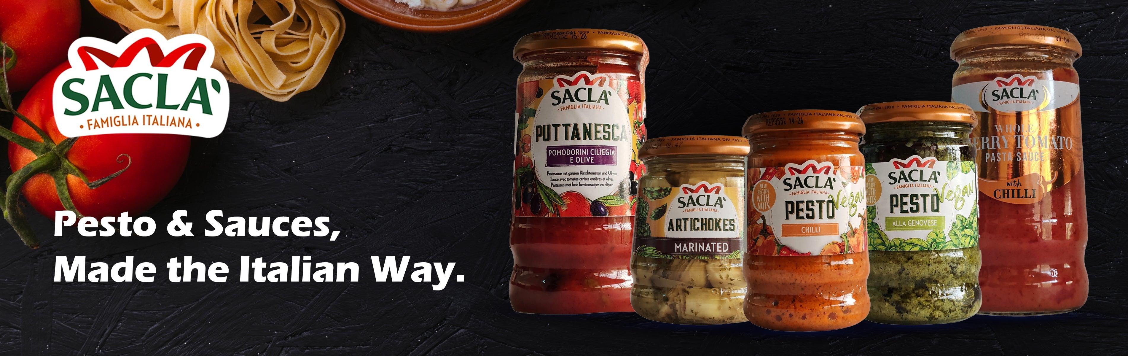 Sacla Italian pesto & pasta sauces with fresh tomatoes and pasta, authentic gourmet flavors