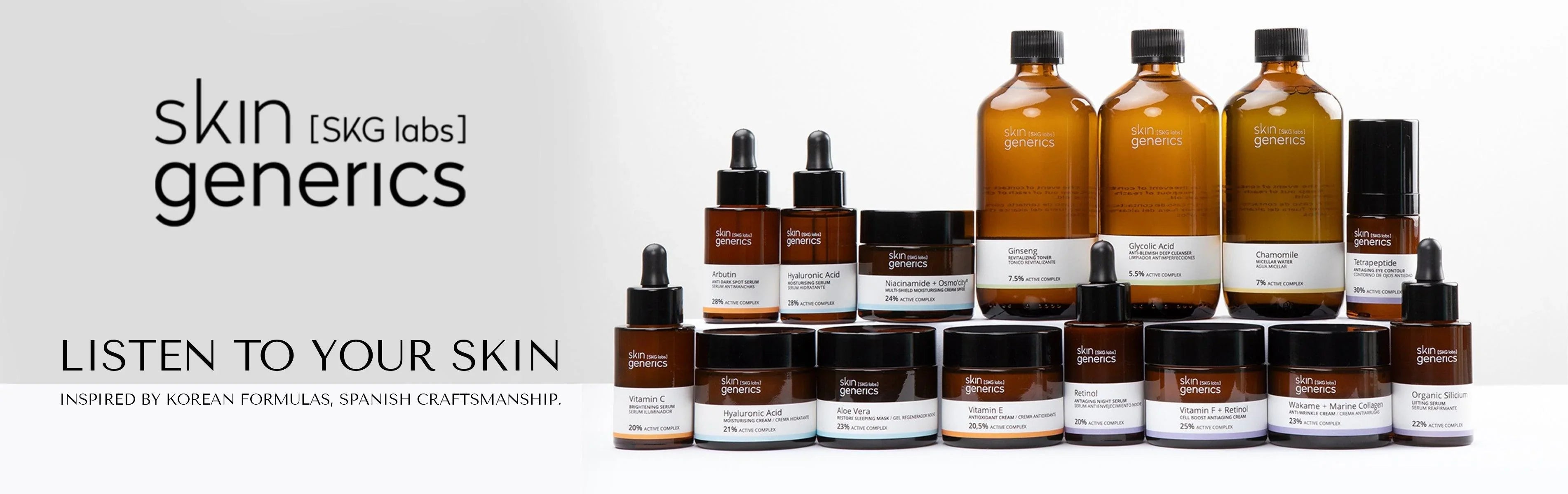 Skin Generics skincare collection with serums, creams & toners inspired by Korean formulas and Spanish craftsmanship