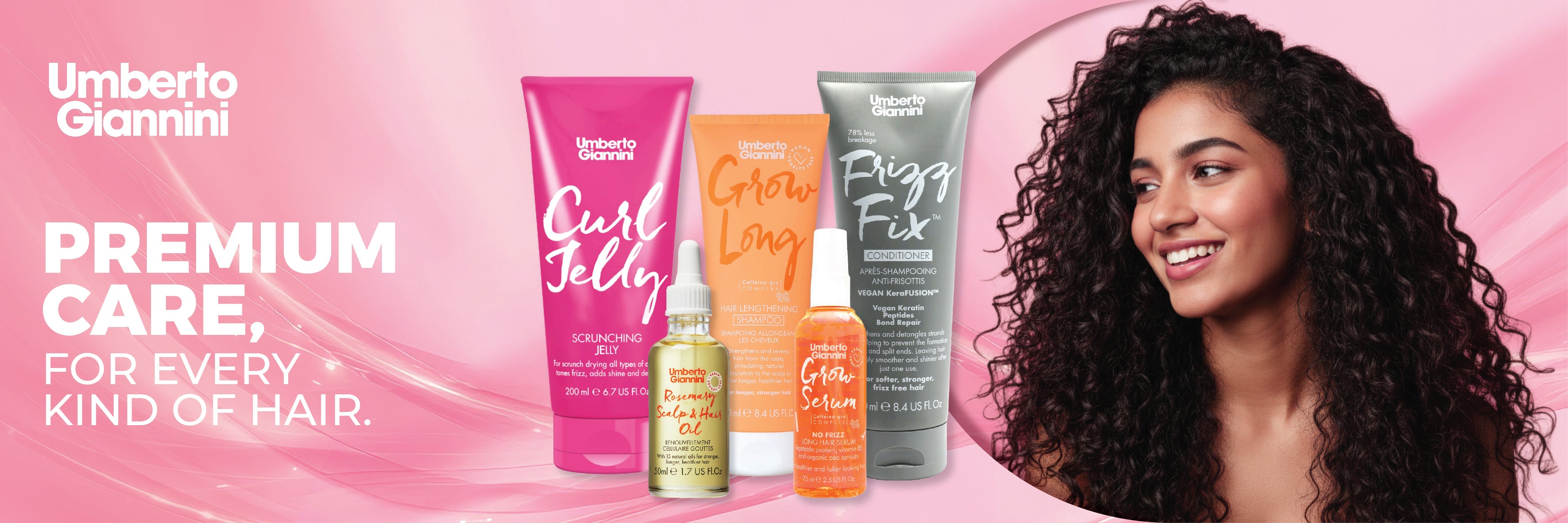 Umberto Giannini hair care products for curls, growth & frizz control with woman smiling