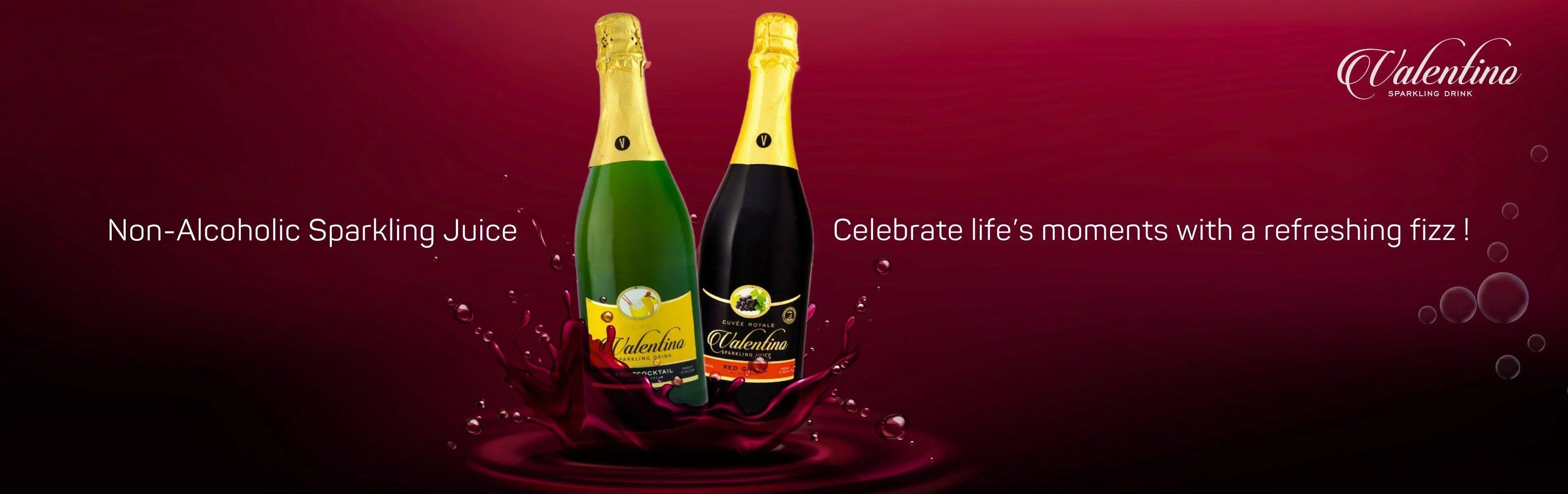 Non-Alcoholic Sparkling Juice bottles with vibrant splash, perfect for celebrations