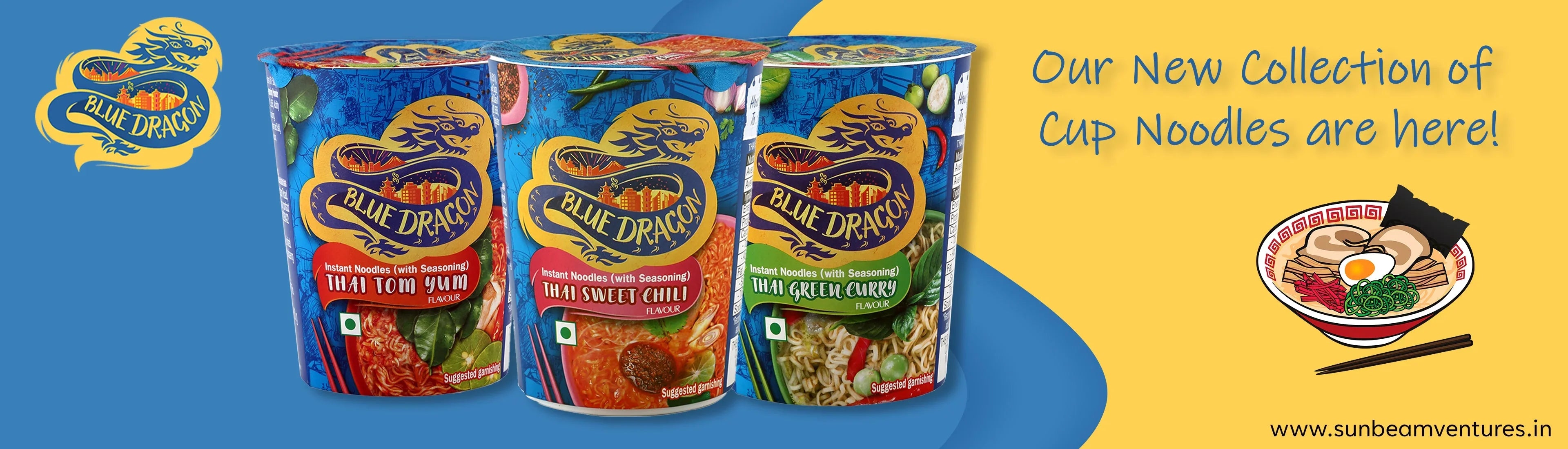 Blue Dragon instant cup noodles in Thai Tom Yum, Sweet Chili, and Green Curry flavors, new collection banner.