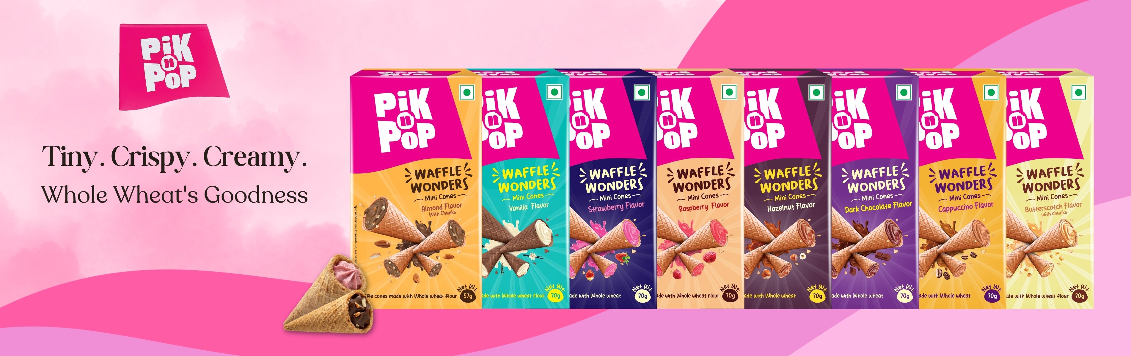 Pik n Pop Waffle Wonders mini cones in assorted flavors, crispy creamy whole wheat ice cream treats
