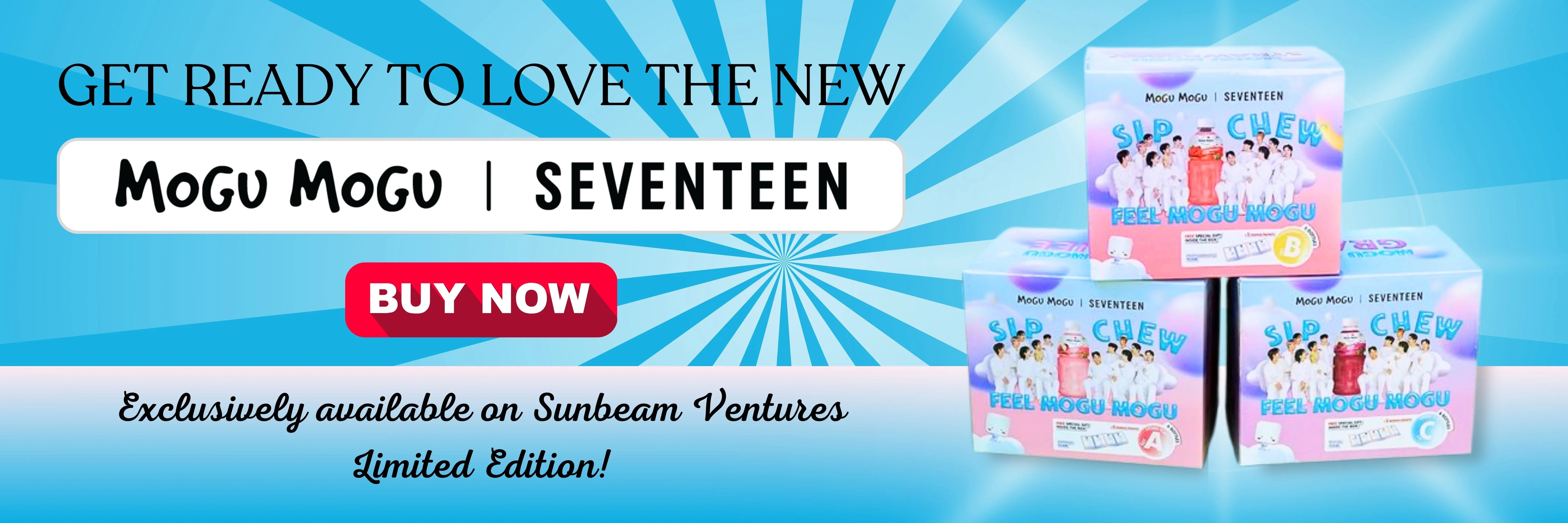 Mogu Mogu Seventeen Sip Chew Limited Edition candy boxes on blue background