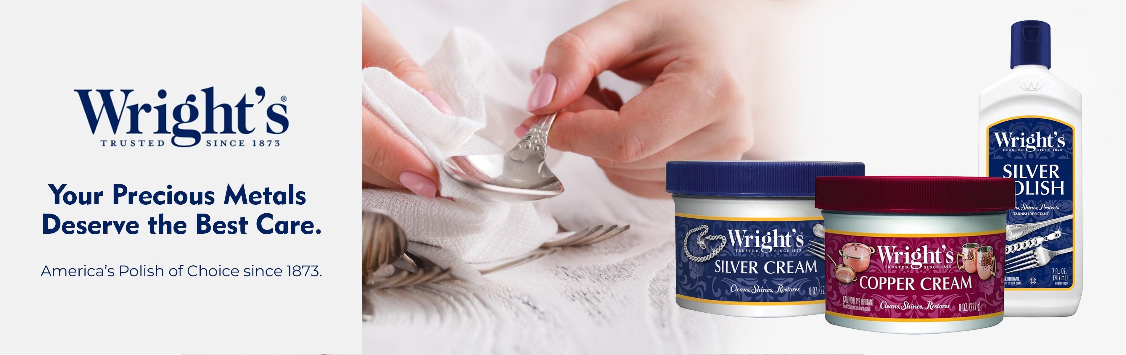 Wright's Silver & Copper Cream polish products with hands polishing silverware, ideal for precious metal care.