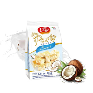 Packaging of Mini Party Wafers Coconut Cream with Lago branding on a white background