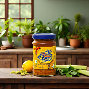 Blue Dragon Thai Yellow Curry Paste jar with lemon and fresh herbs on wooden kitchen table