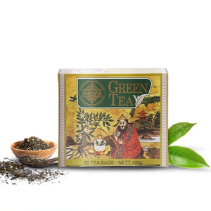 Mesna Green Tea box with 50 tea bags 100g, loose tea leaves in a wooden bowl and spoon, fresh tea leaves