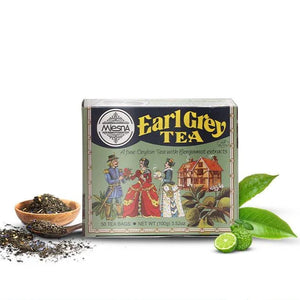 Mesna Earl Grey Tea box with vintage design, fresh bergamot fruit and green leaves, loose tea in wooden bowl