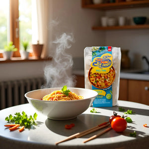 Steaming bowl of pad thai noodles garnished with parsley on kitchen table with pad thai packaging and fresh tomatoes