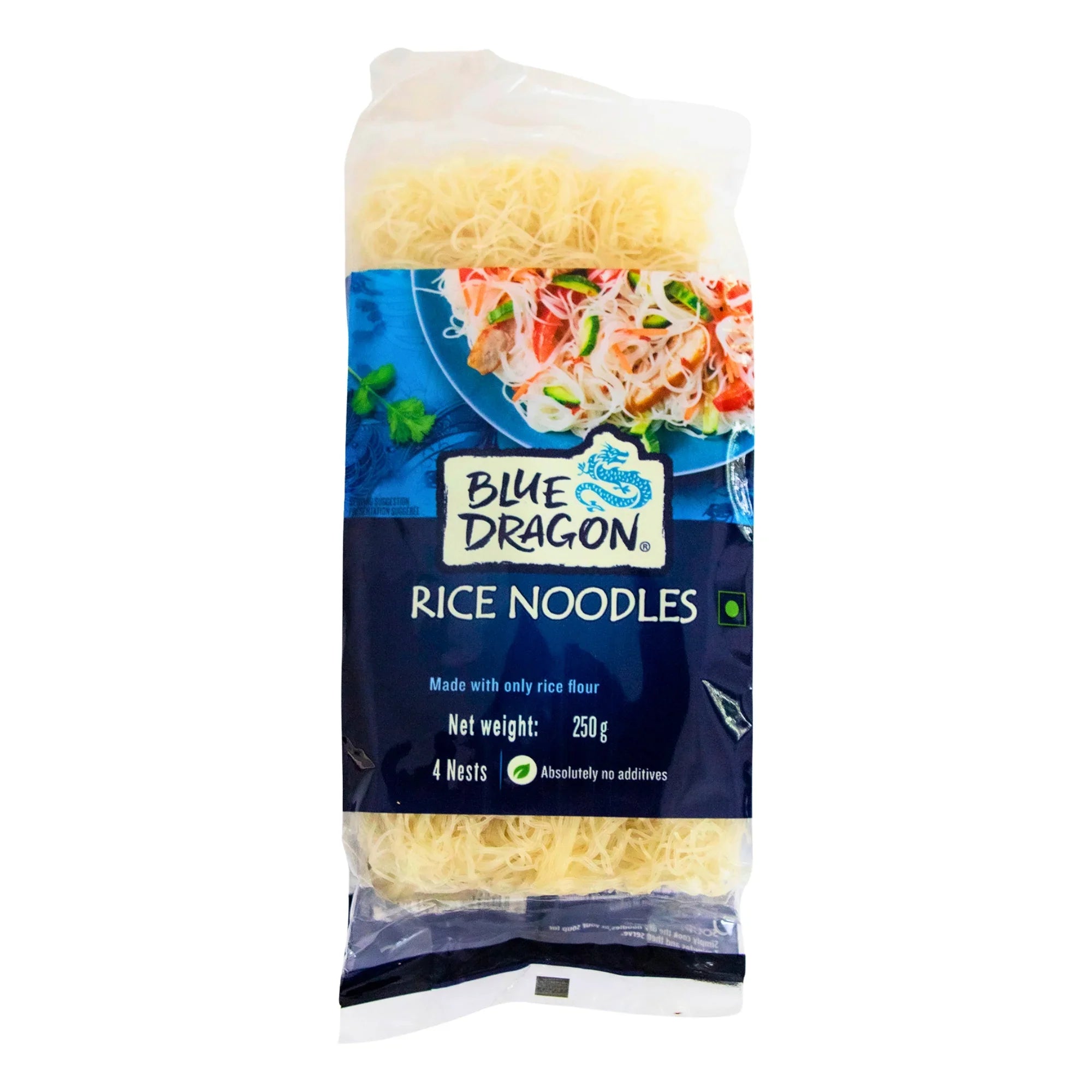 Blue Dragon rice noodles package with 250g weight, made from rice flour, 4 nests, no additives