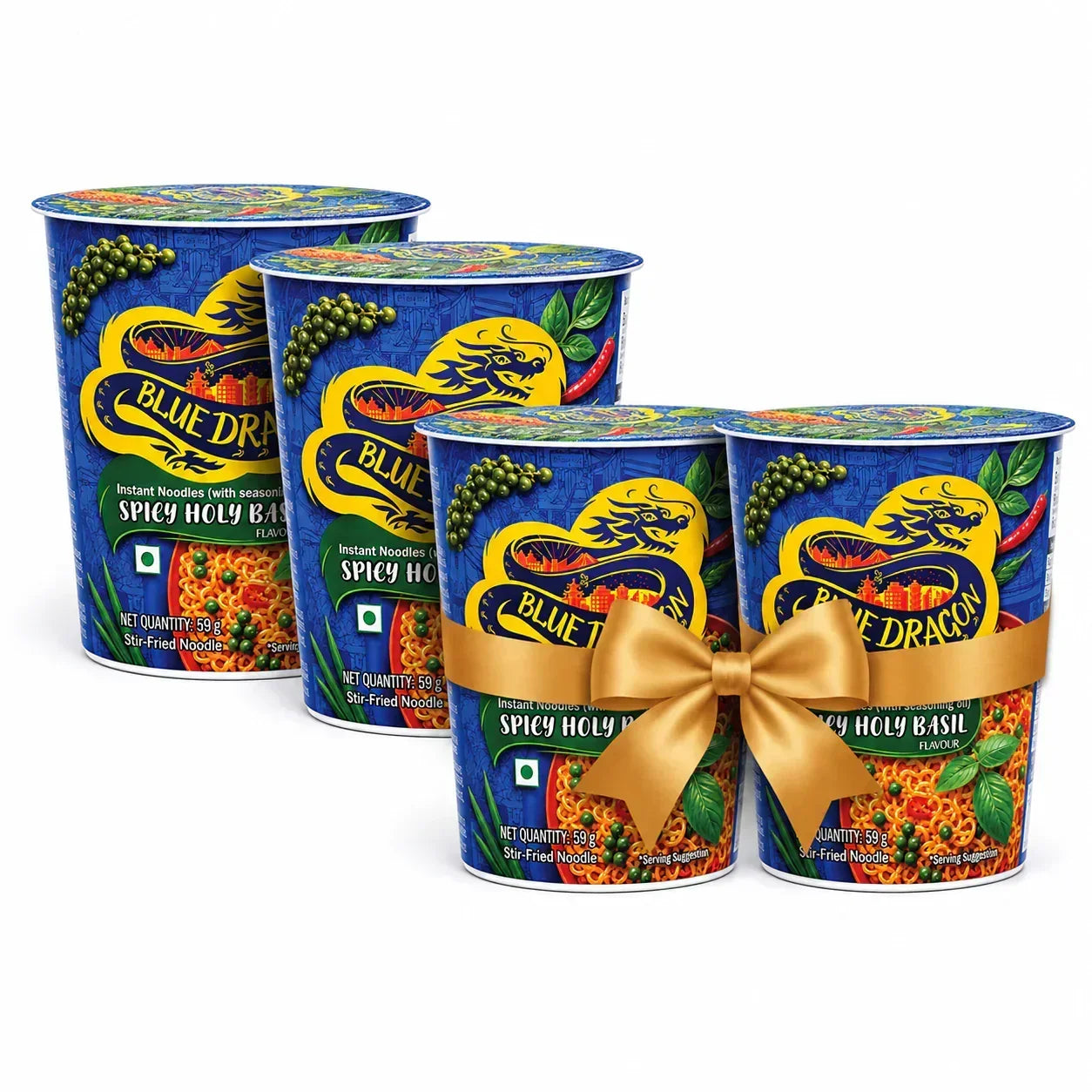 Blue Dragon Spicy Holy Basil Instant Noodles cups with gold ribbon, gourmet Asian flavor, 59g each