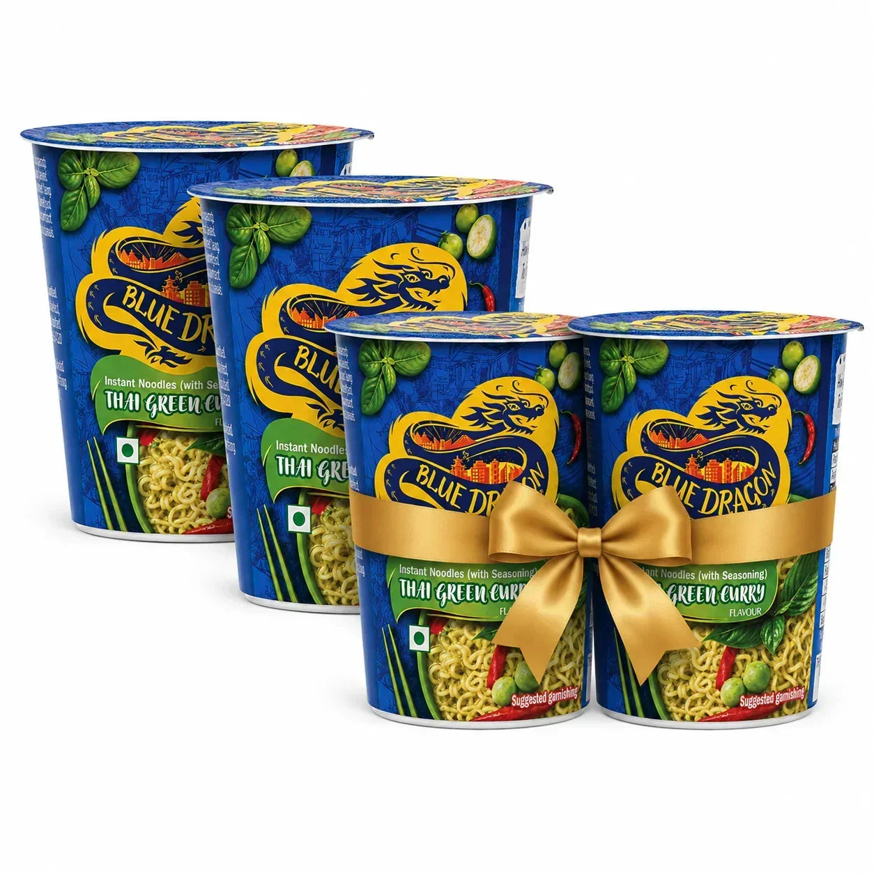 Blue Dragon Thai Green Curry Instant Noodles cups with gold ribbon, imported gourmet FMCG