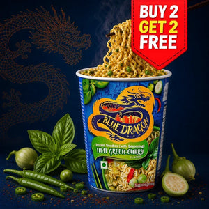 Blue Dragon Thai Green Curry Instant Noodles with fresh basil, chili, and vegetables, steaming hot in cup