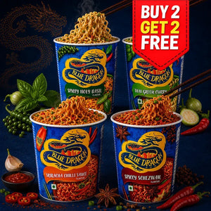 Blue Dragon spicy instant noodles in four flavors with chopsticks, herbs, and chili peppers, buy 2 get 2 free offer