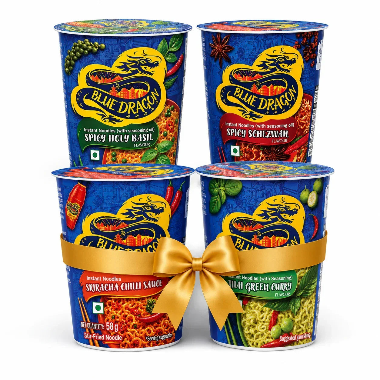 Blue Dragon instant noodles variety pack with spicy holy basil, Schezwan, Sriracha, and Thai green curry flavors