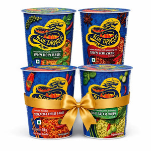 Blue Dragon instant noodles variety pack with spicy holy basil, Schezwan, Sriracha, and Thai green curry flavors