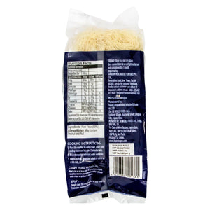 Back of rice flour noodle package with nutrition facts, cooking instructions, and storage details