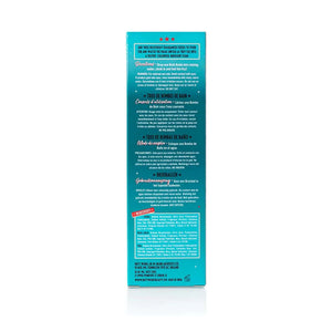 Back of turquoise bath bomb trio packaging with directions, warnings, and ingredient list.