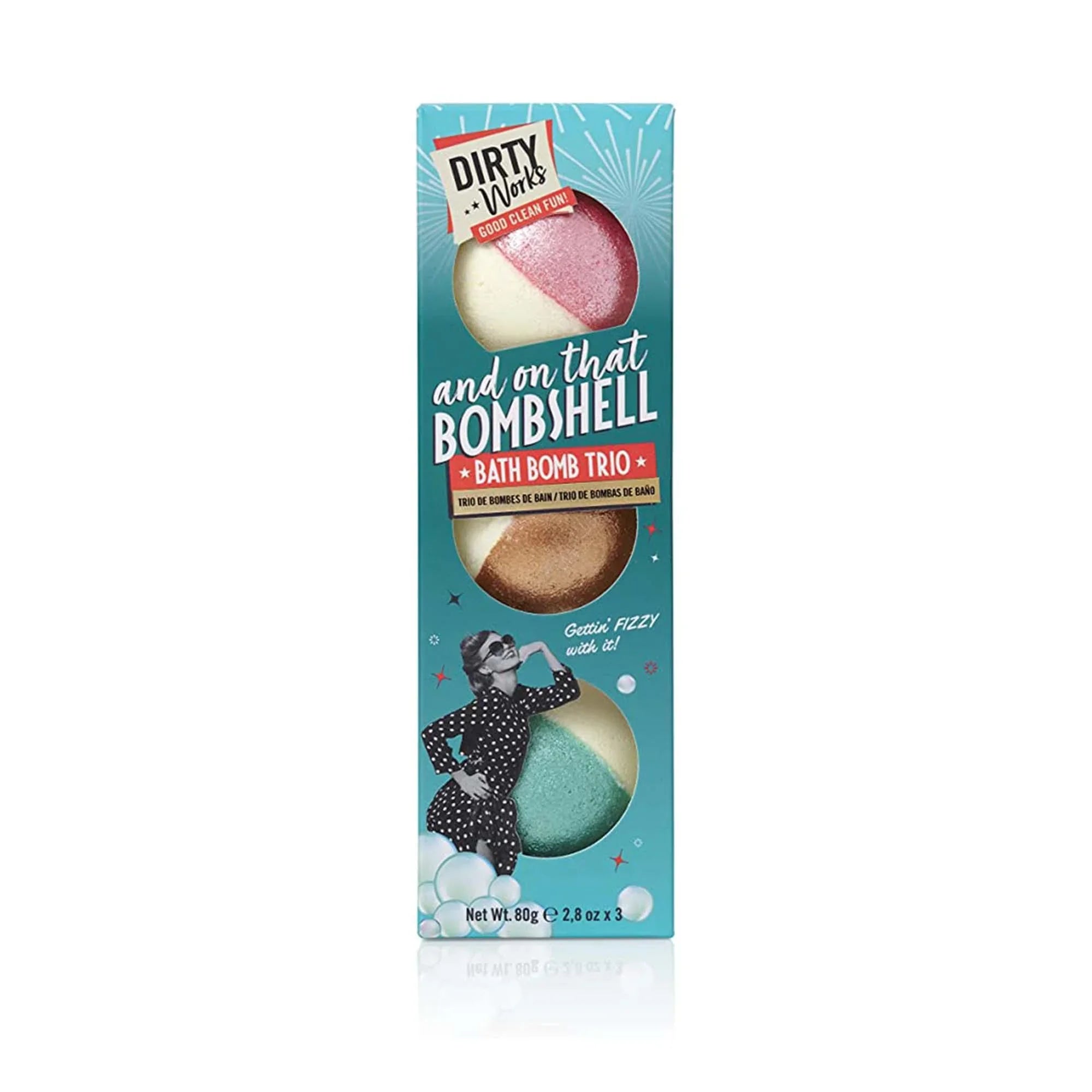 Dirty Works Bath Bomb Trio gift box with three colorful bath bombs, retro design