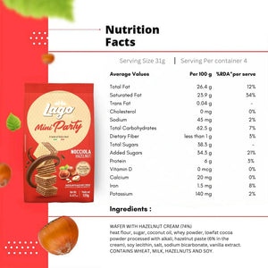 Lago Mini Party hazelnut wafer pack with nutrition facts and ingredients list on display.