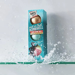 Bath bomb trio gift pack with gold, turquoise, and pink bath bombs in splash of water