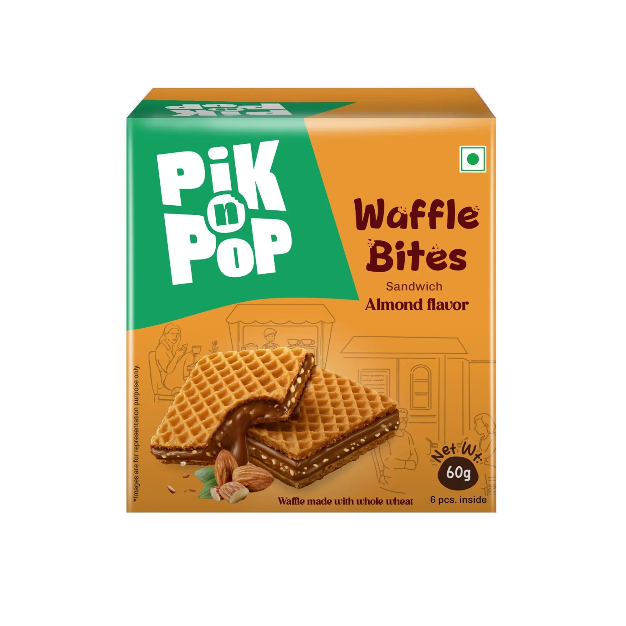 Pik n Pop Almond Flavor Waffle Bites – whole wheat sandwich cookies with chocolate filling, 60g pack
