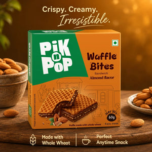 Pik n Pop Almond Waffle Bites – crispy, creamy sandwich snack made with whole wheat, perfect anytime treat