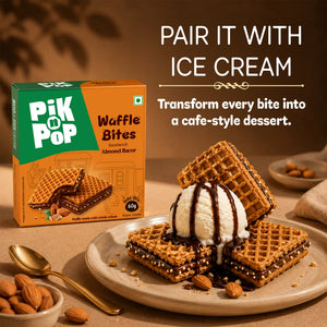 Pik n Pop Almond Waffle Bites with vanilla ice cream & chocolate drizzle, perfect cafe-style dessert pairing