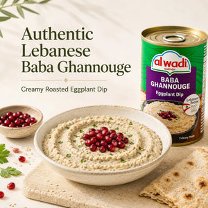 Bowl of Baba Ghanouj with a can of Alwadi Baba Ghanouj on a light background