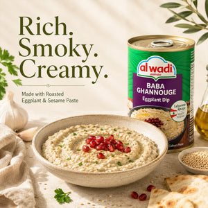 Baba Ghanouj eggplant dip with a can of al Wadi Baba Ghanouj on a table.